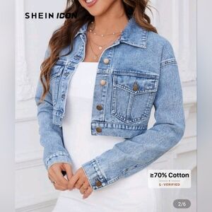 SHEIN Trendy Light Wash Cropped Denim Jacket Womens Medium Casual Layering Piece